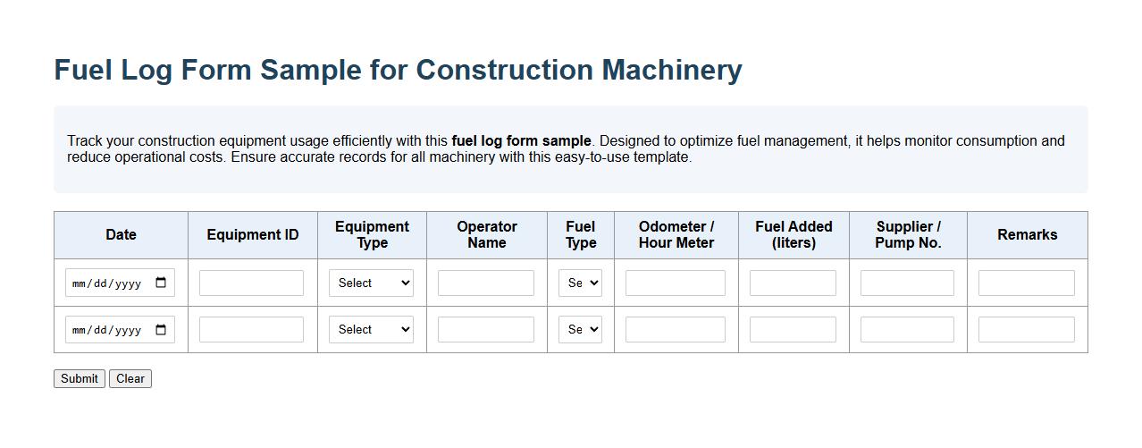 Fuel log form sample for construction machinery image preview