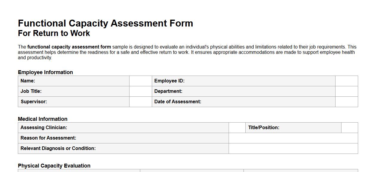 Functional capacity assessment form sample for return to work image preview