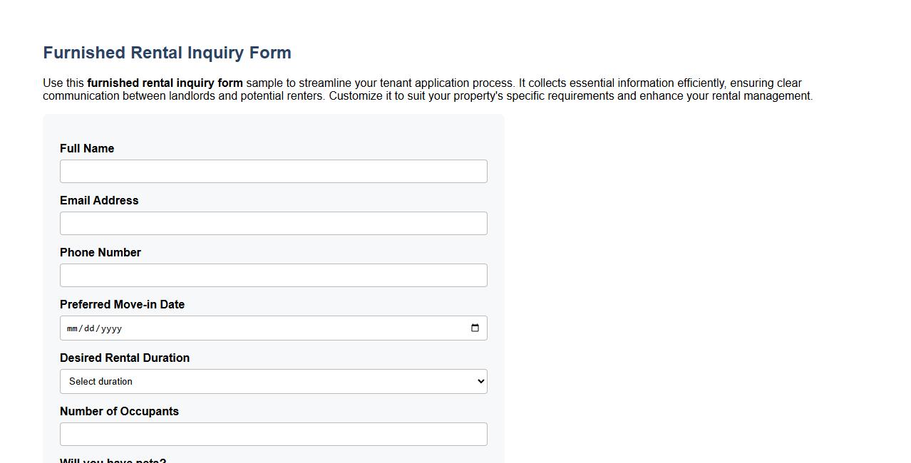 furnished rental inquiry form sample image preview