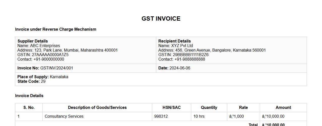 GST invoice format sample with reverse charge mechanism image preview