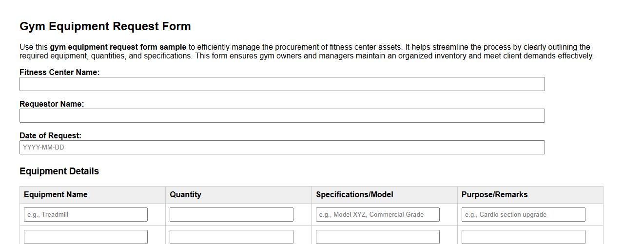 gym equipment request form sample for fitness centers image preview