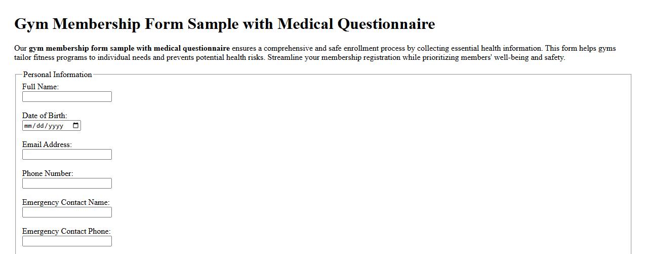 Gym membership form sample with medical questionnaire image preview
