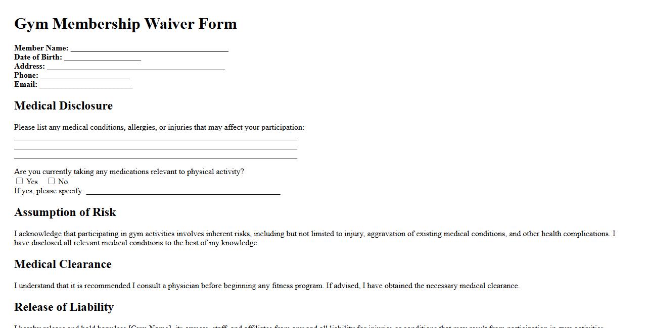 Gym membership waiver form sample for medical conditions image preview