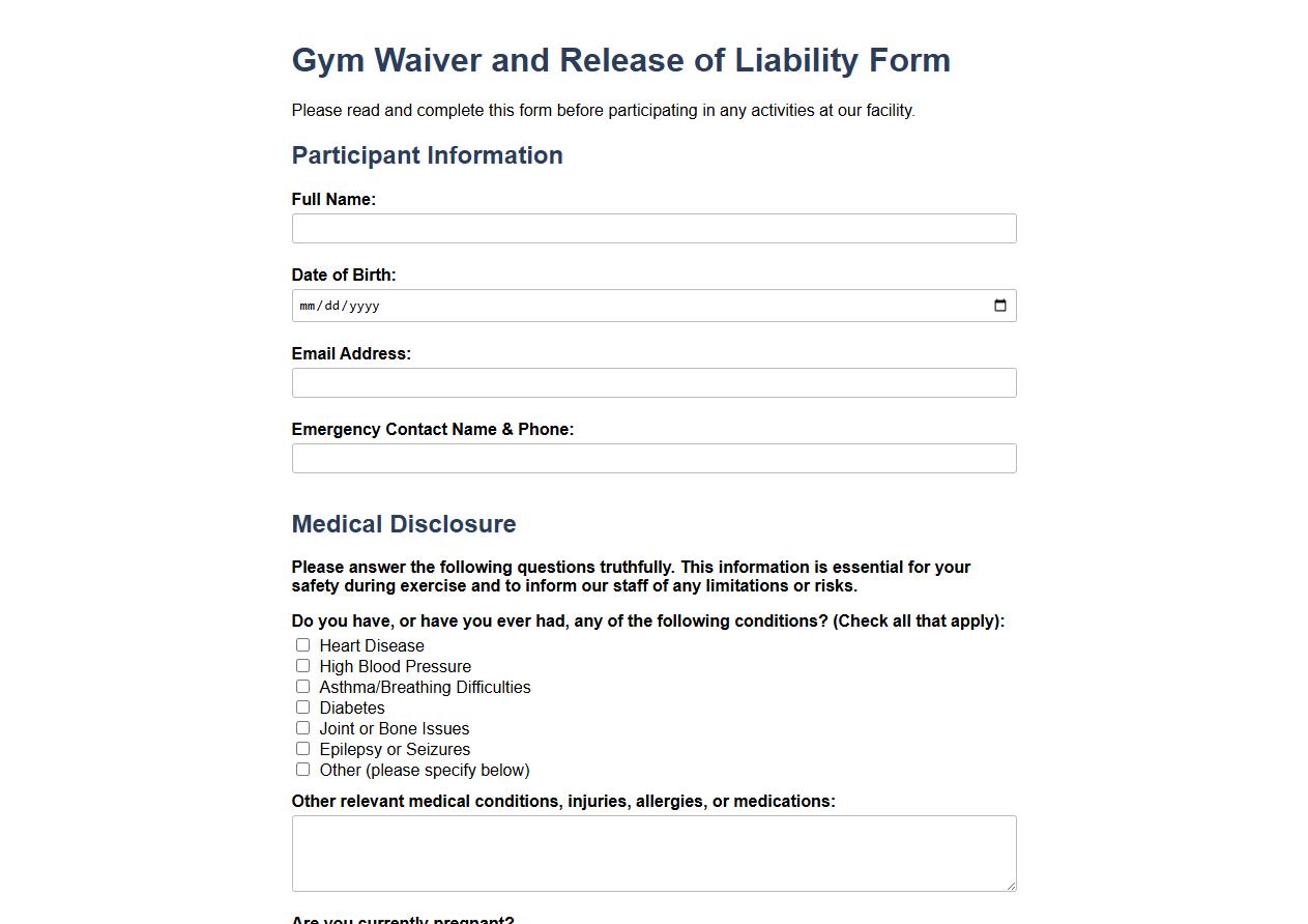 Gym waiver form sample including medical disclosure image preview