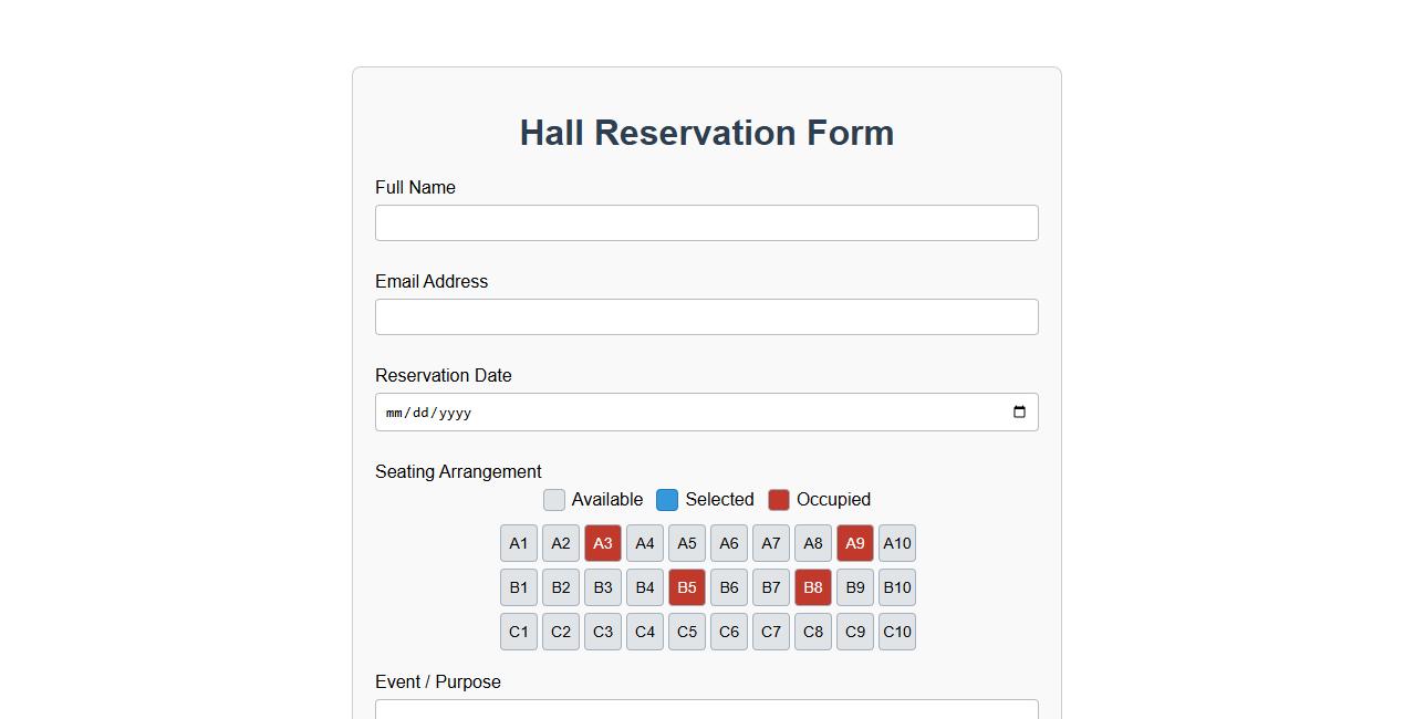 Hall reservation form sample with seating arrangement image preview