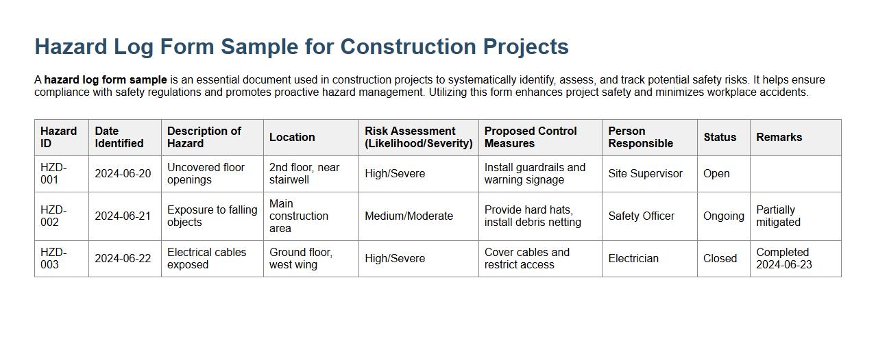 Hazard log form sample for construction projects image preview