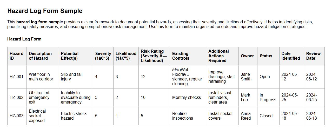 Hazard log form sample including severity and likelihood image preview