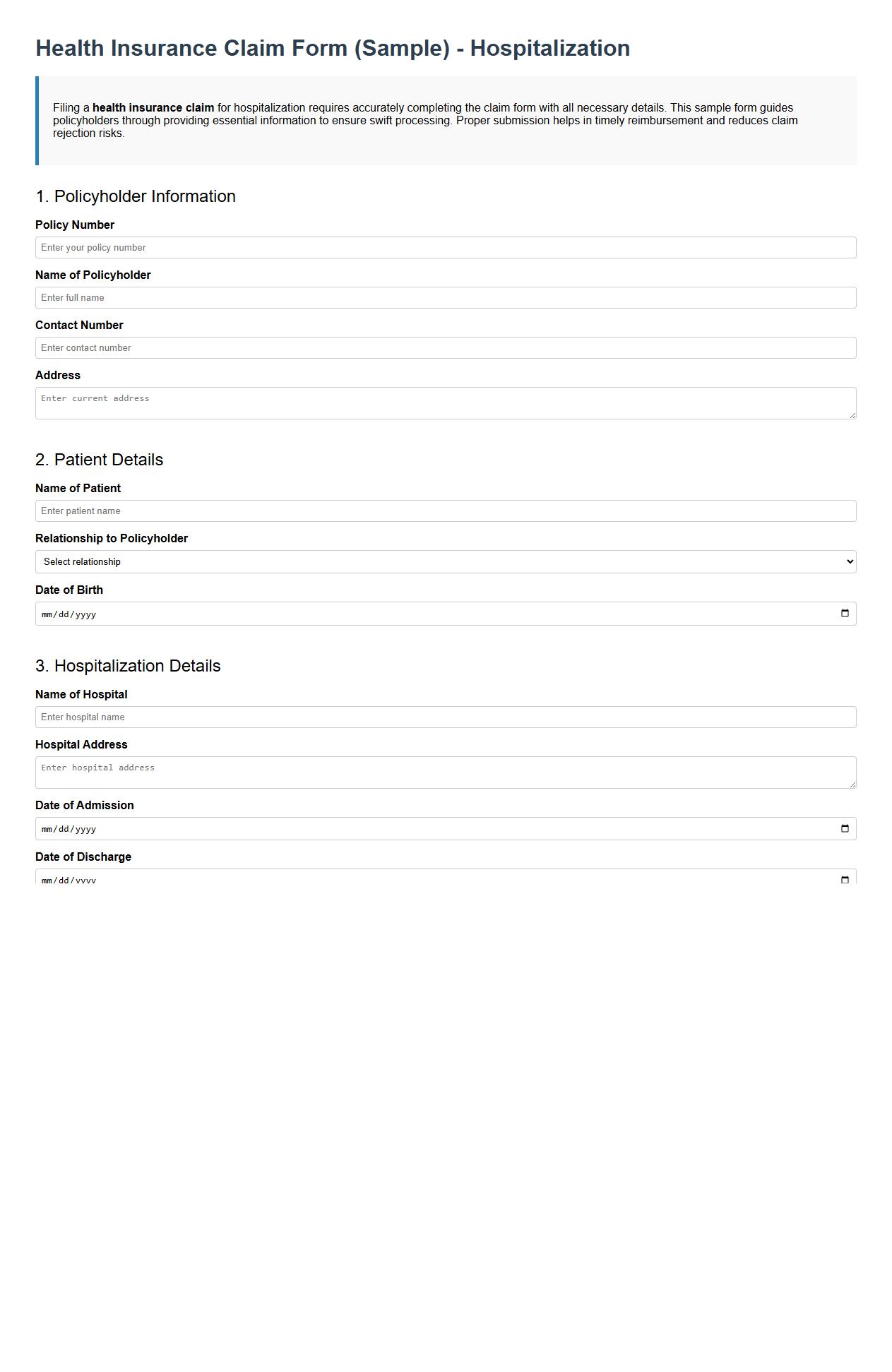 Health insurance claim form sample for hospitalization image preview