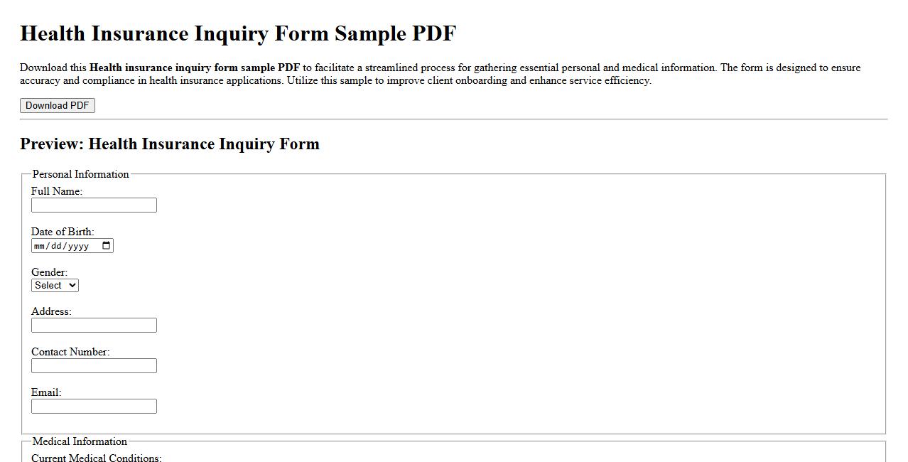 Health insurance inquiry form sample PDF image preview