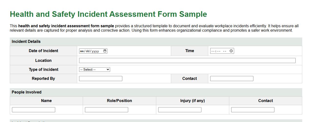 health and safety incident assessment form sample image preview