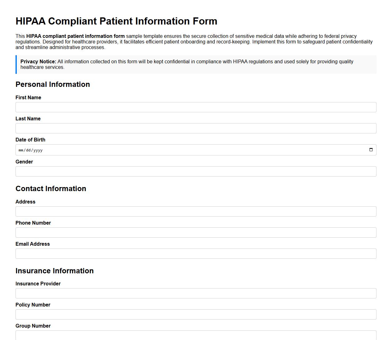 HIPAA compliant patient information form sample template image preview