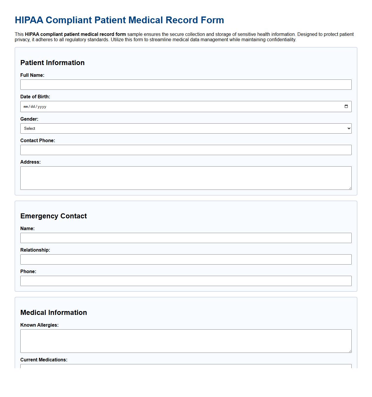 HIPAA compliant patient medical record form sample image preview