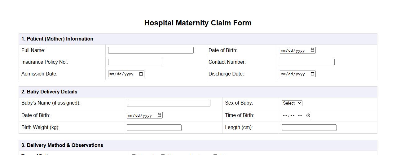 hospital maternity claim form sample with baby delivery details image preview