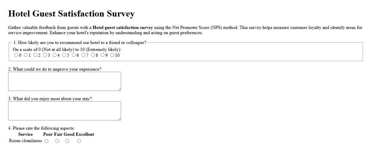 Hotel guest satisfaction survey with NPS (Net Promoter Score) image preview