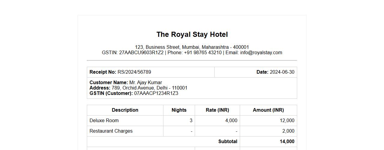 hotel receipt with GST for Indian customers image preview
