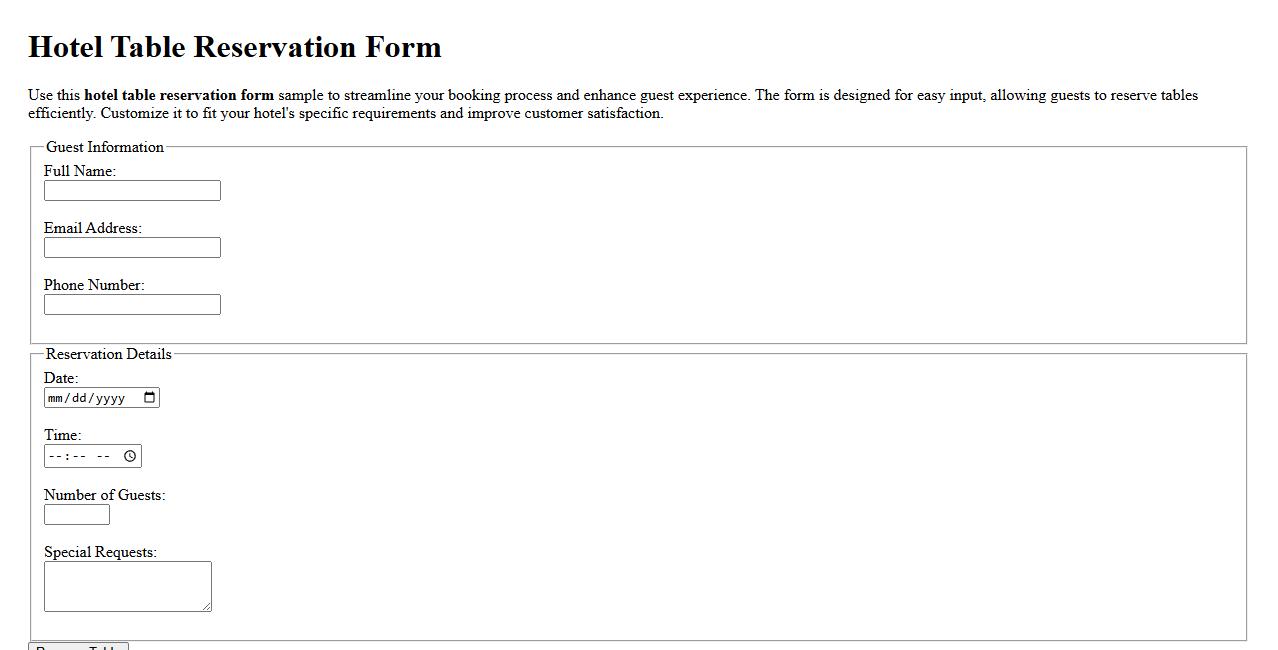 Hotel table reservation form sample image preview