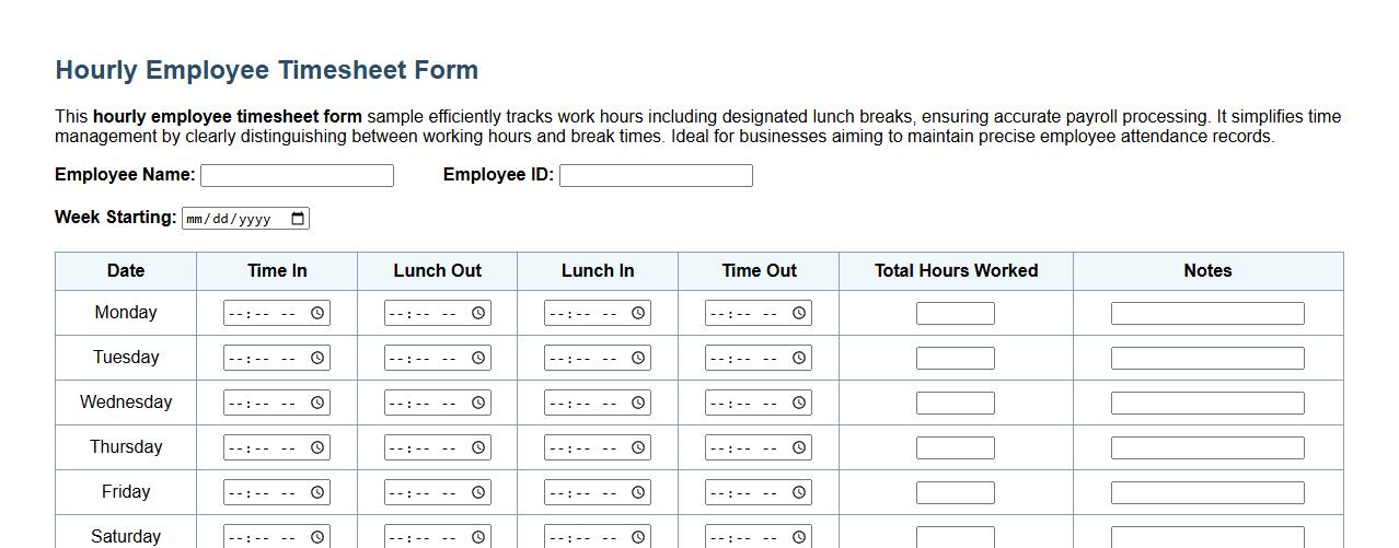 Hourly employee timesheet form sample with lunch break image preview