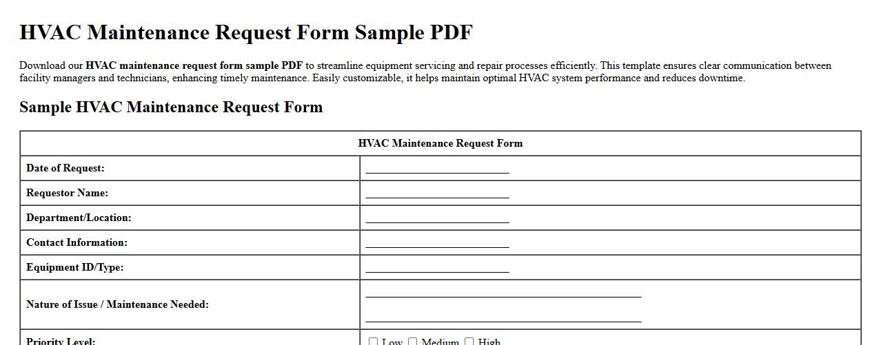HVAC maintenance request form sample PDF image preview