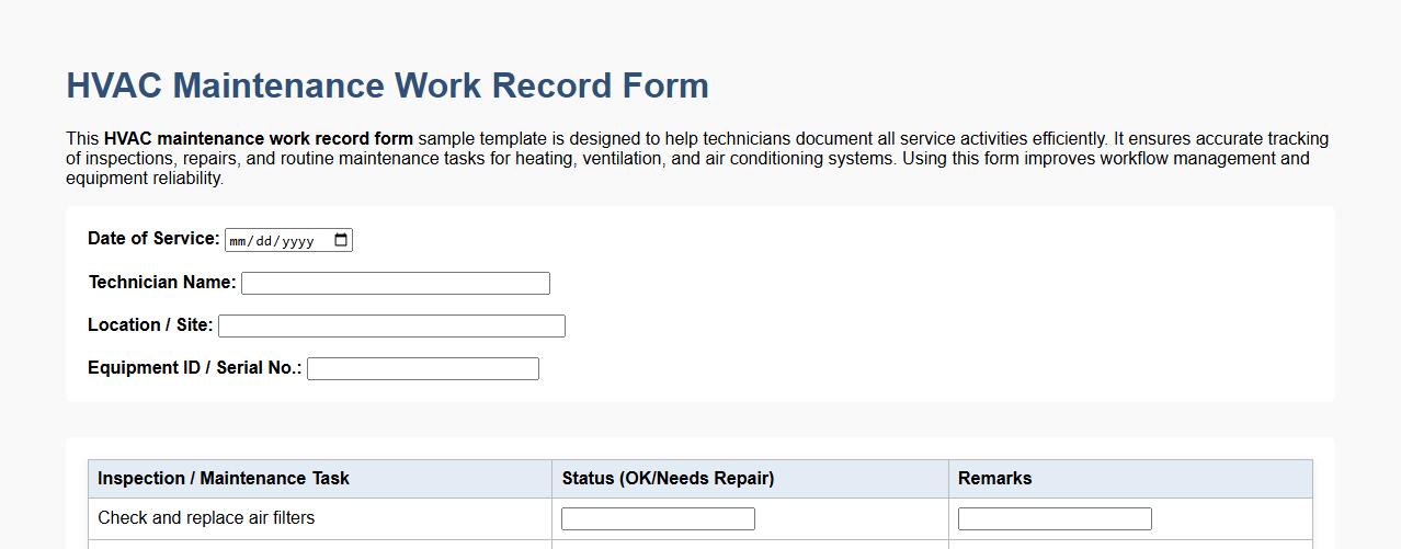 HVAC maintenance work record form sample template image preview
