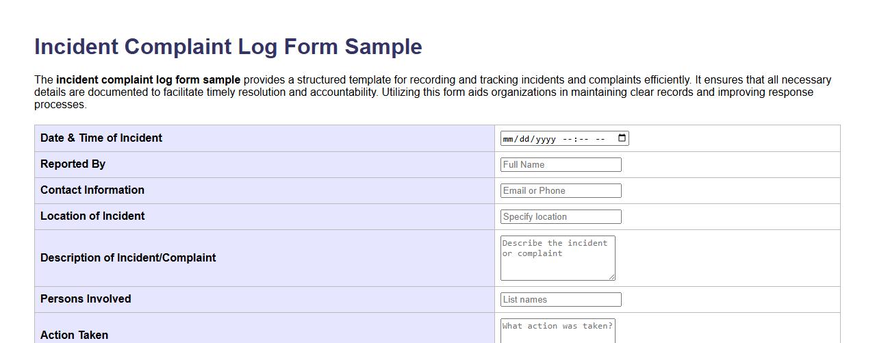 incident complaint log form sample image preview