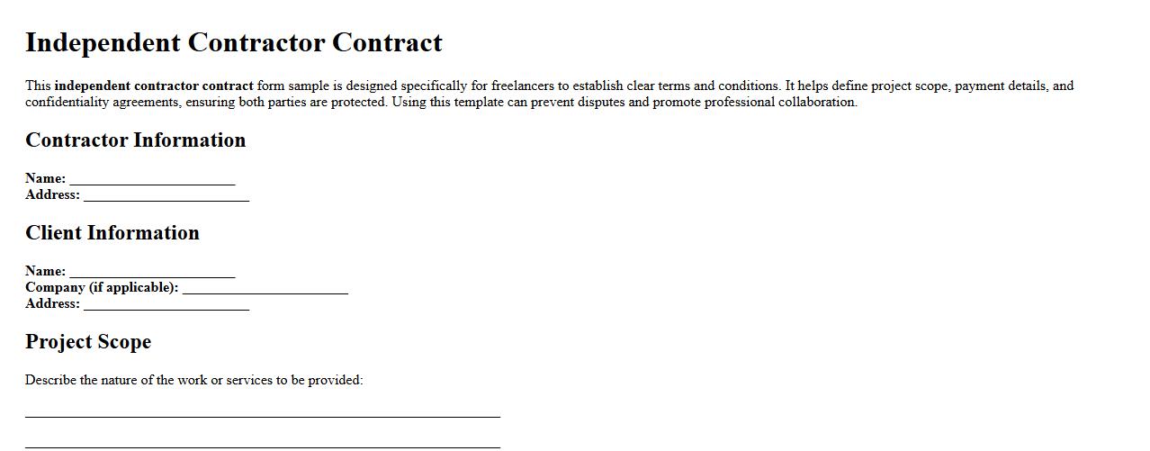 Independent contractor contract form sample for freelancers image preview