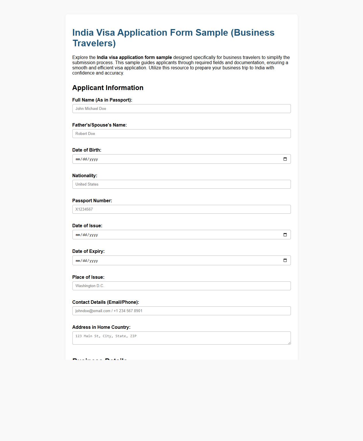 India visa application form sample for business travelers image preview
