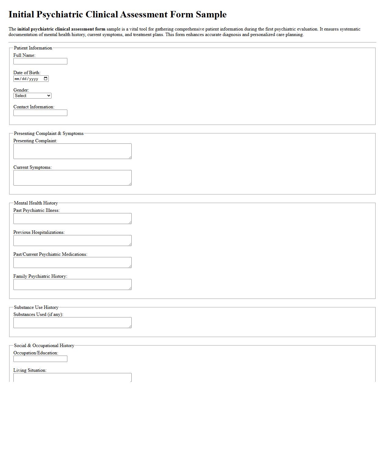 Initial psychiatric clinical assessment form sample image preview