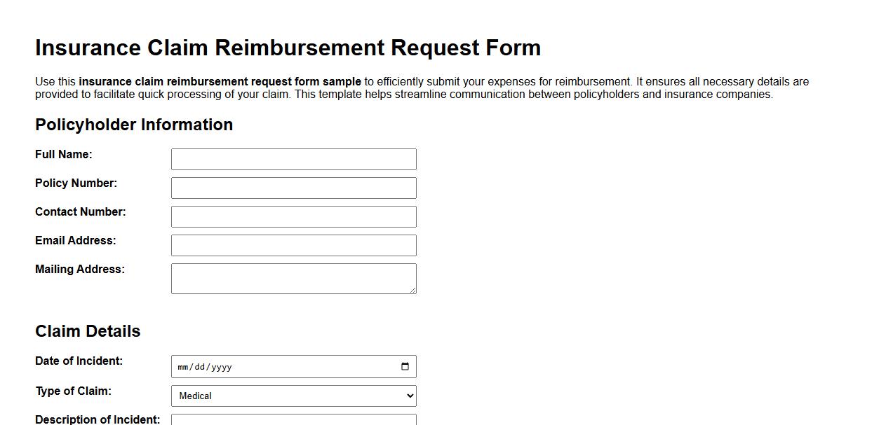 insurance claim reimbursement request form sample image preview