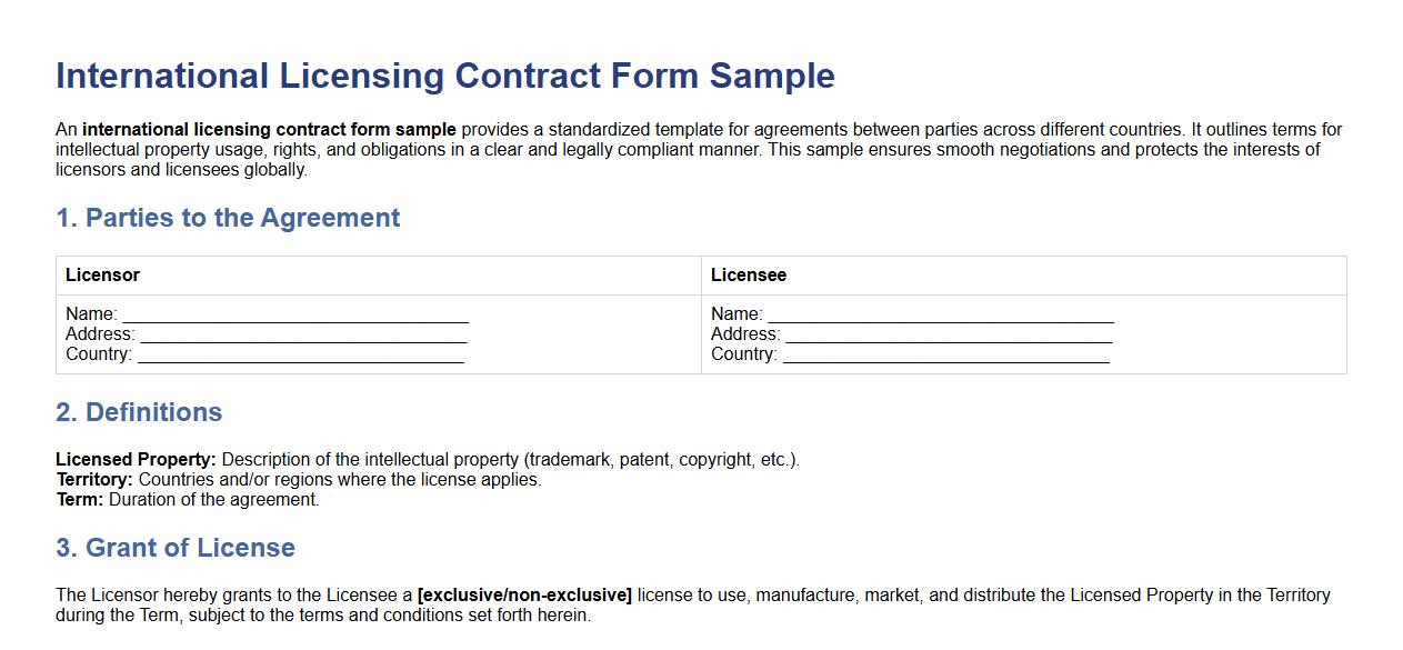international licensing contract form sample image preview