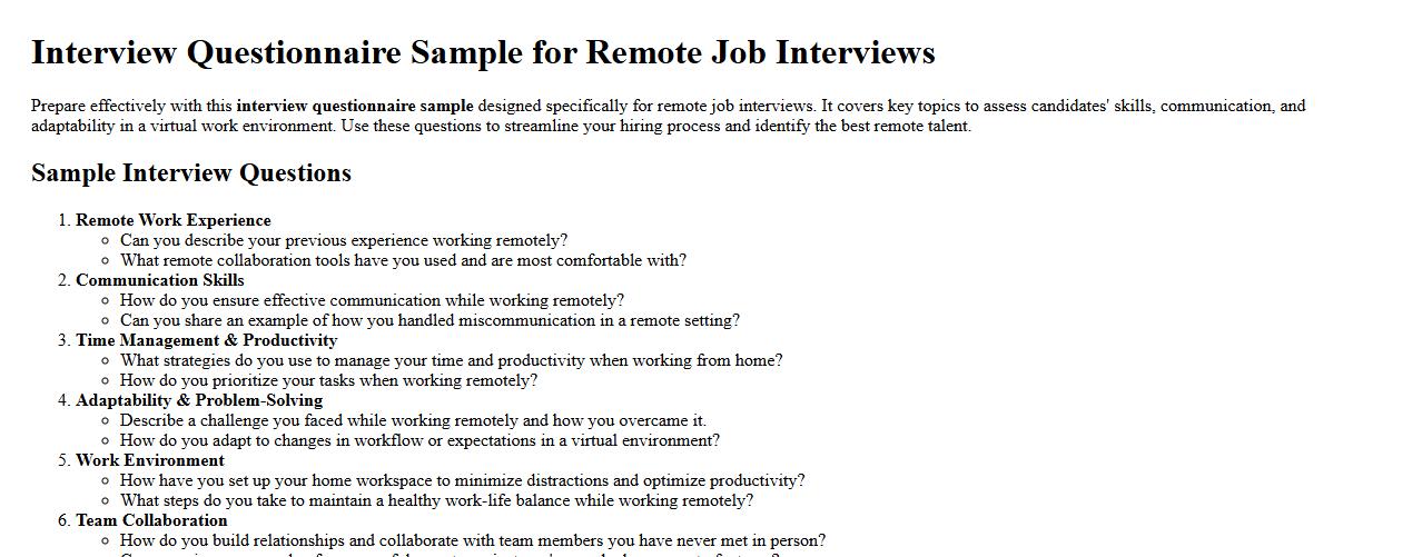 Interview questionnaire sample for remote job interviews image preview