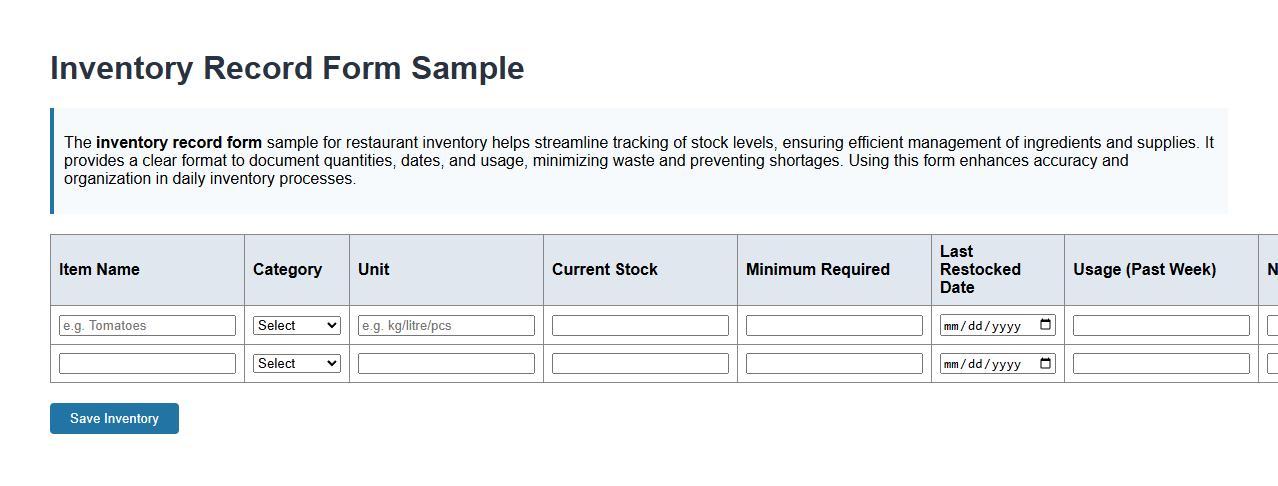 Inventory record form sample for restaurant inventory image preview