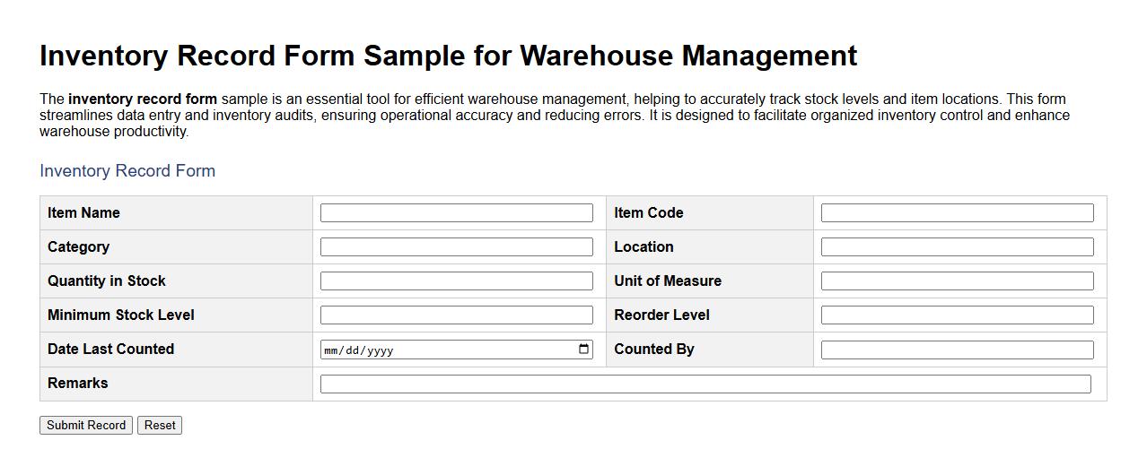 Inventory record form sample for warehouse management image preview