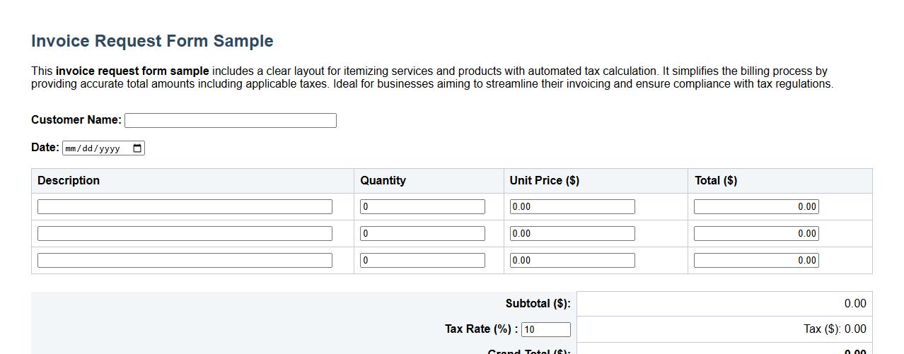 invoice request form sample with tax calculation image preview