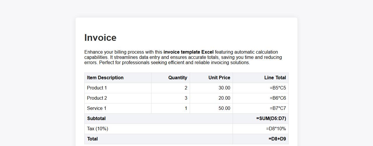 invoice template excel with automatic calculation image preview
