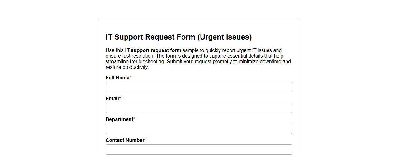 IT support request form sample for urgent IT issues image preview