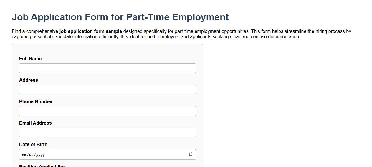 Job application form sample for part-time employment image preview