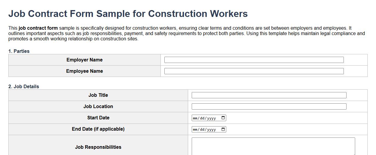 Job contract form sample for construction workers image preview
