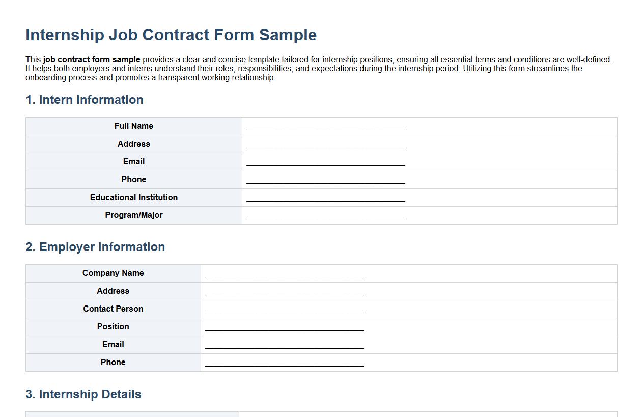 Job contract form sample for internship positions image preview