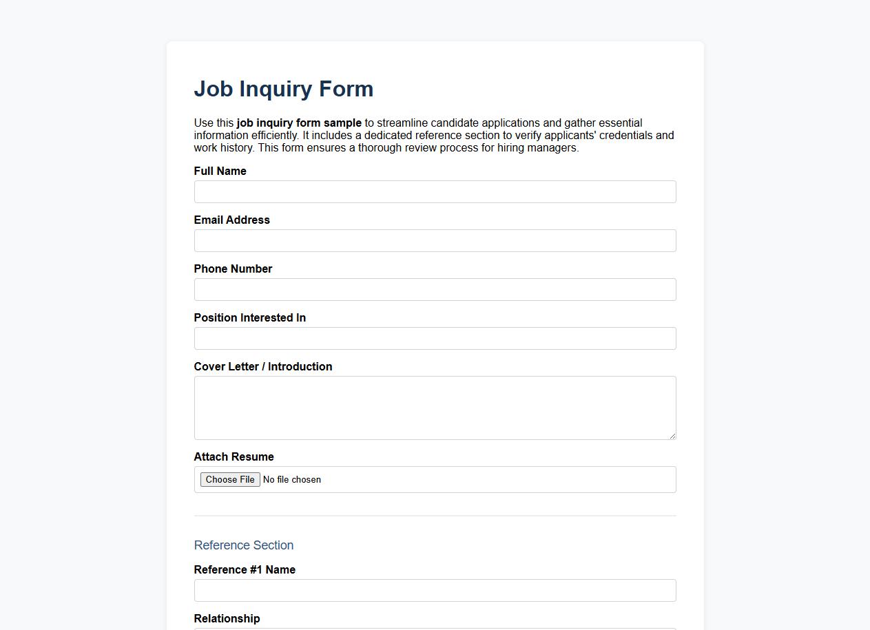 Job inquiry form sample with reference section image preview