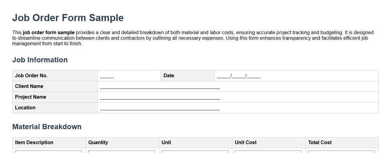 job order form sample with material and labor breakdown image preview