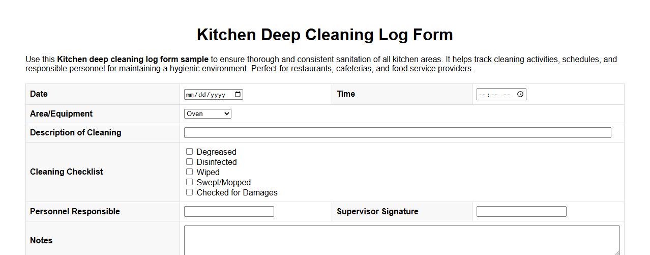 Kitchen deep cleaning log form sample image preview