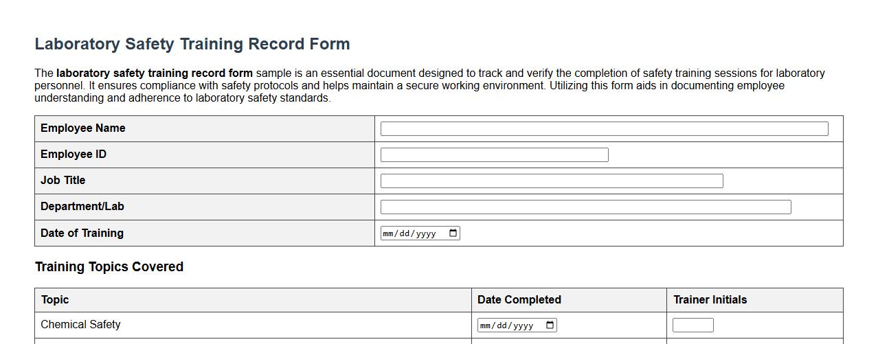 laboratory safety training record form sample image preview