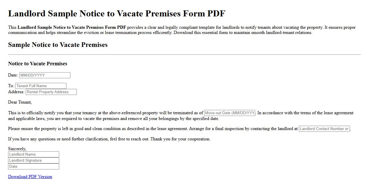Landlord sample notice to vacate premises form pdf image preview