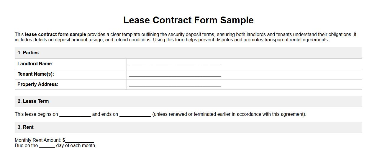 Lease contract form sample including security deposit terms image preview