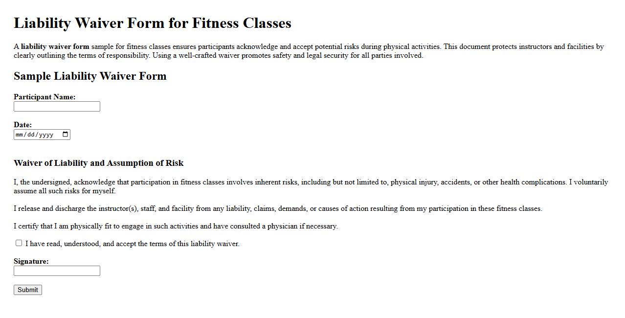 Liability waiver form sample for fitness classes image preview