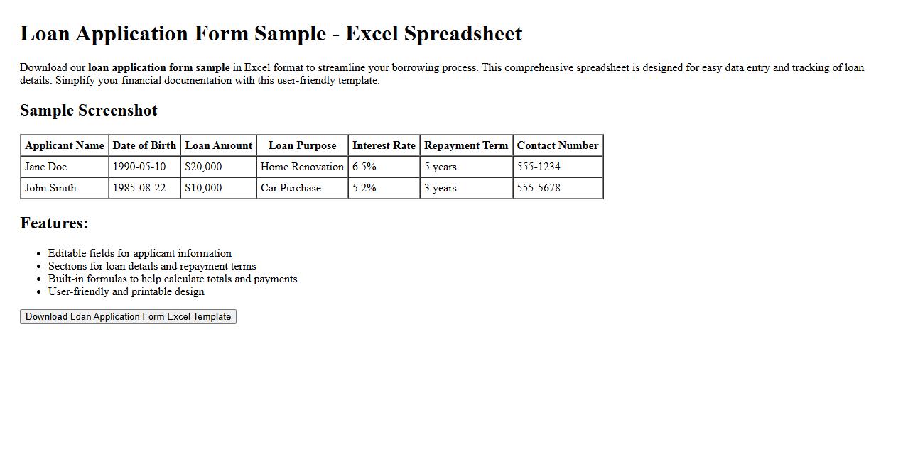loan application form sample excel spreadsheet image preview
