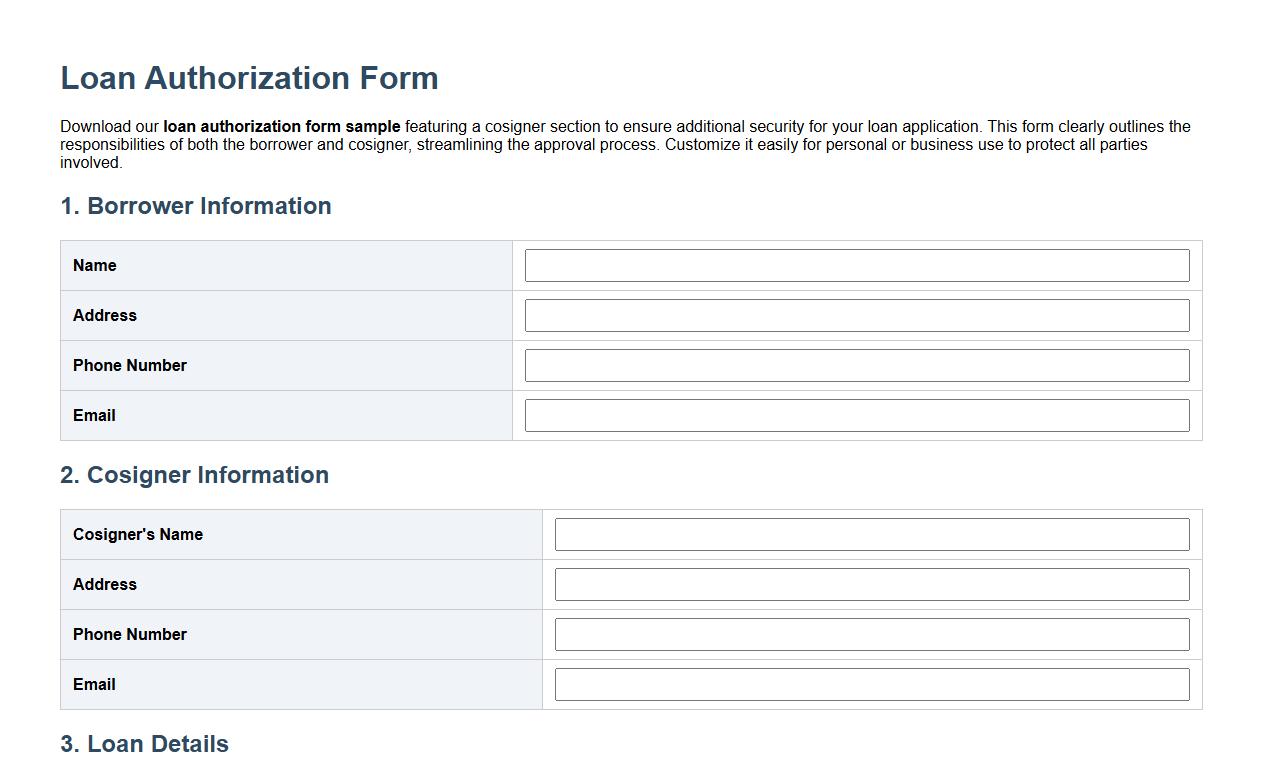 Loan authorization form sample with cosigner section image preview