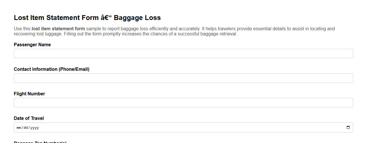 lost item statement form sample for baggage loss image preview