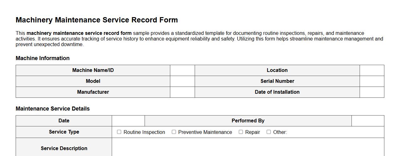 machinery maintenance service record form sample image preview