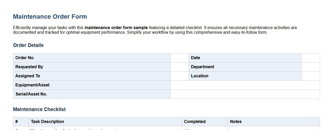 Maintenance order form sample with detailed checklist image preview